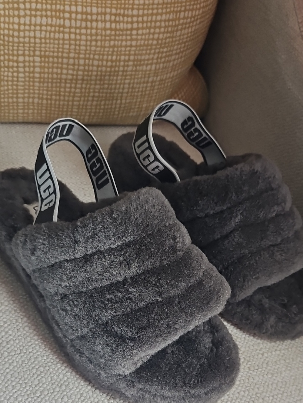 UGG Charcoal Plush Shearling Slide with Logo Heel Strap